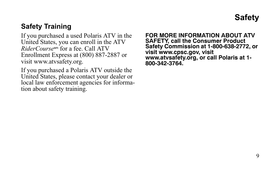 Safety | Polaris Outlaw 9922485 User Manual | Page 12 / 191