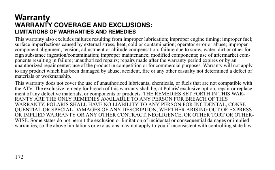 Warranty | Polaris Outlaw 9922485 User Manual | Page 175 / 191