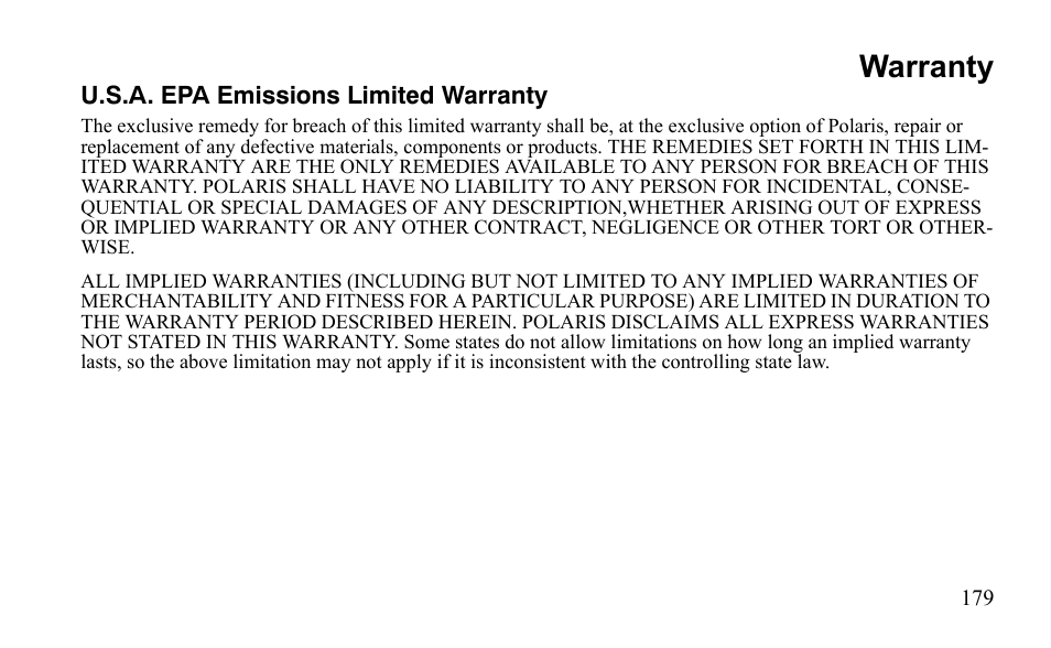 Warranty | Polaris Outlaw 9922485 User Manual | Page 182 / 191