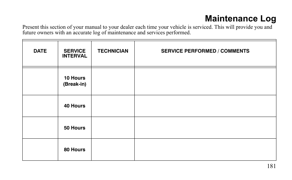 Maintenance log | Polaris Outlaw 9922485 User Manual | Page 184 / 191