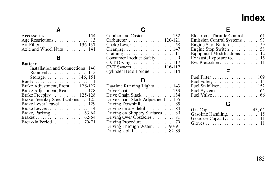 Index | Polaris Outlaw 9922485 User Manual | Page 188 / 191