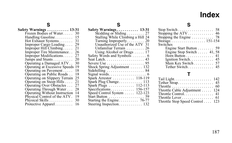 Index | Polaris Outlaw 9922485 User Manual | Page 190 / 191