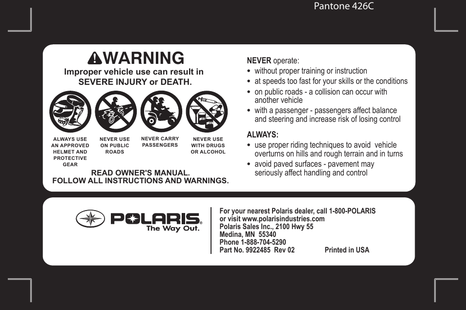 Warning, Pantone 426c | Polaris Outlaw 9922485 User Manual | Page 3 / 191