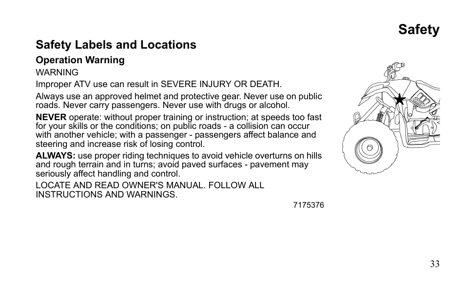 Safety | Polaris Outlaw 9922485 User Manual | Page 36 / 191