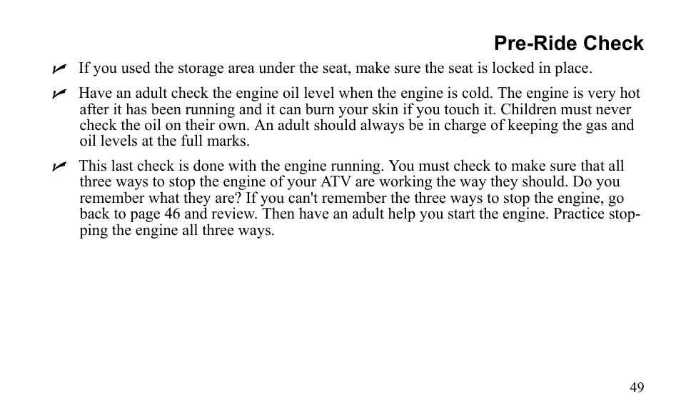 Pre-ride check | Polaris Outlaw 9922485 User Manual | Page 52 / 191