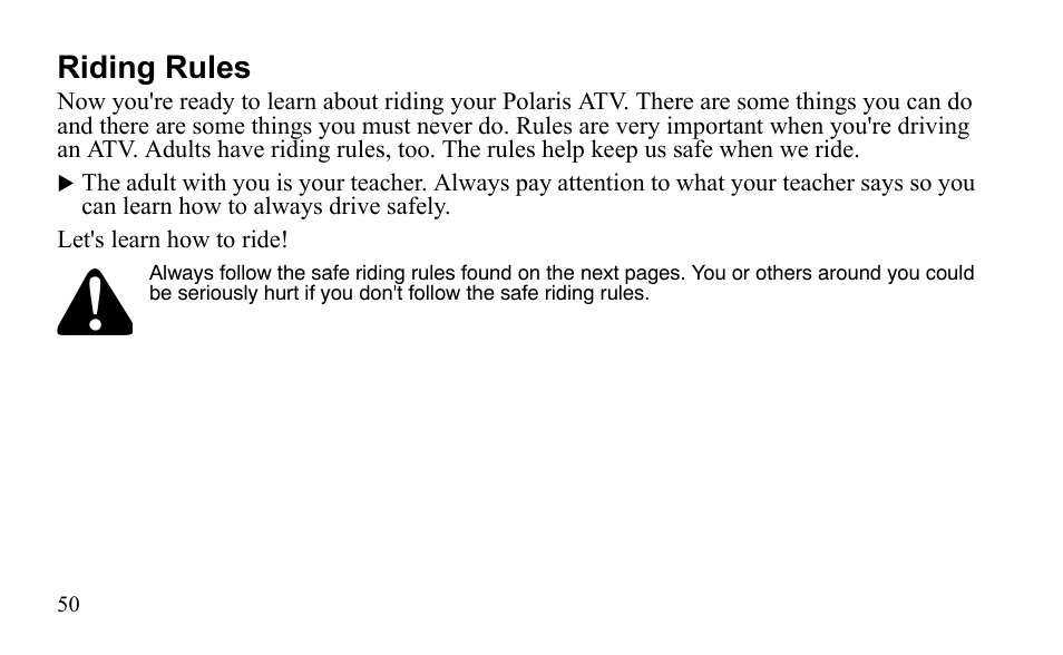 Riding rules | Polaris Outlaw 9922485 User Manual | Page 53 / 191