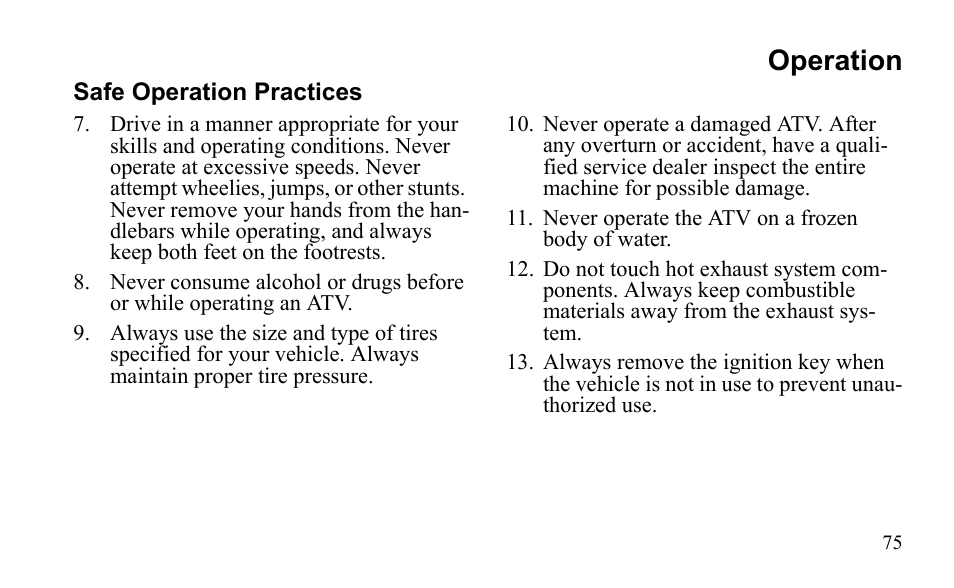 Operation | Polaris Outlaw 9922485 User Manual | Page 78 / 191
