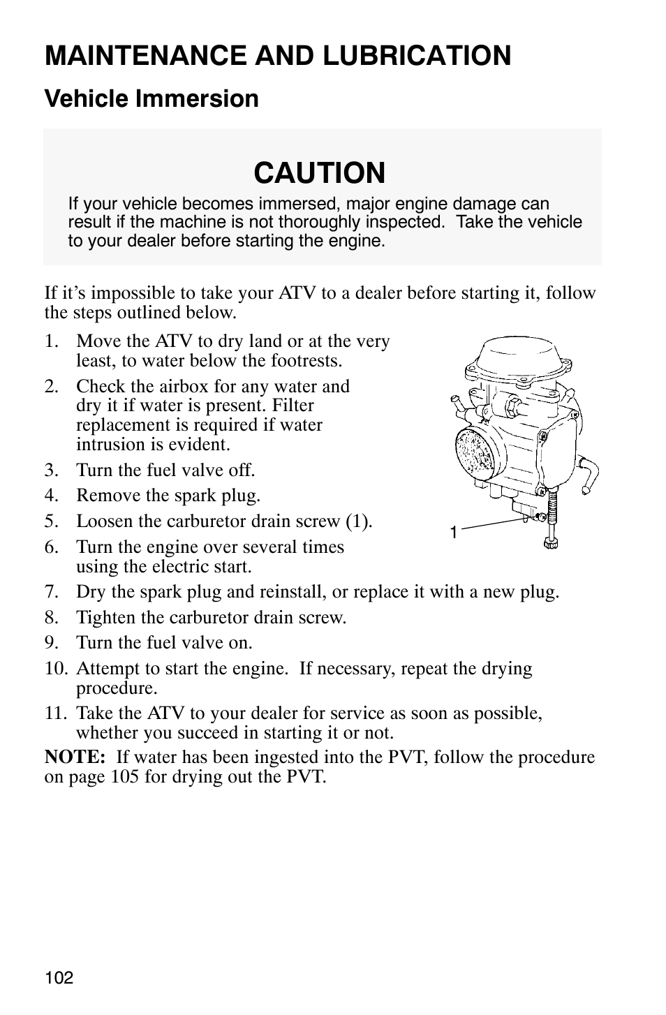 Caution, Maintenance and lubrication, Vehicle immersion | Polaris Sportsman 600 User Manual | Page 104 / 129