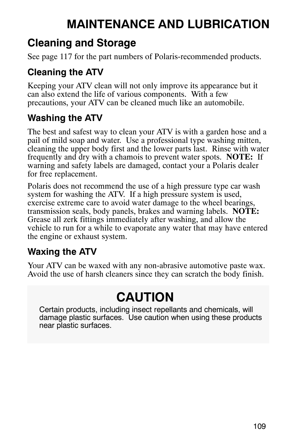 Caution, Maintenance and lubrication, Cleaning and storage | Polaris Sportsman 600 User Manual | Page 111 / 129