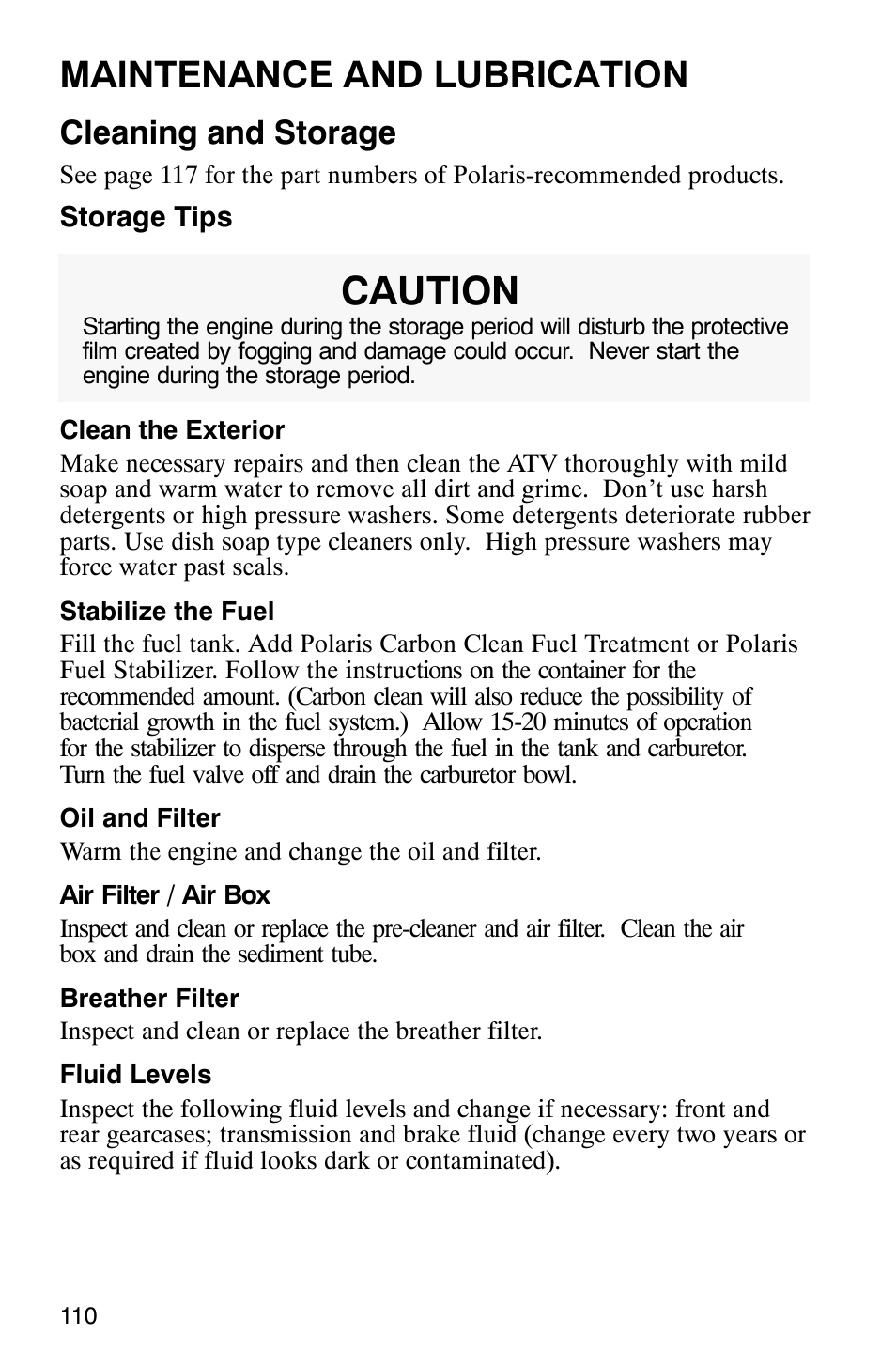 Caution, Maintenance and lubrication, Cleaning and storage | Polaris Sportsman 600 User Manual | Page 112 / 129