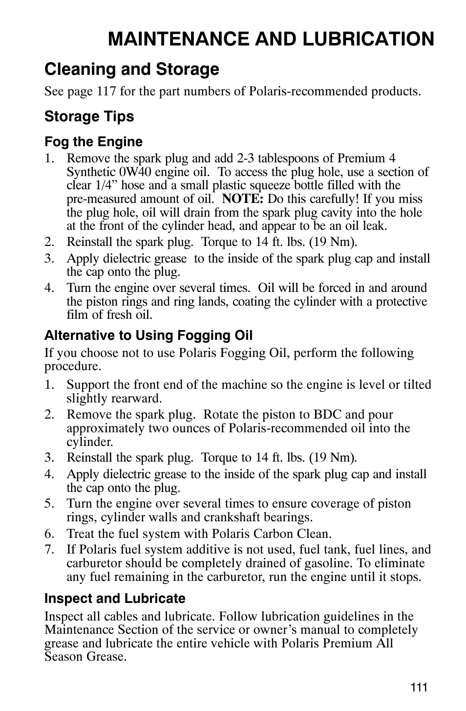 Maintenance and lubrication, Cleaning and storage | Polaris Sportsman 600 User Manual | Page 113 / 129