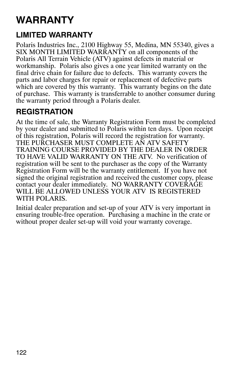 Warranty | Polaris Sportsman 600 User Manual | Page 124 / 129