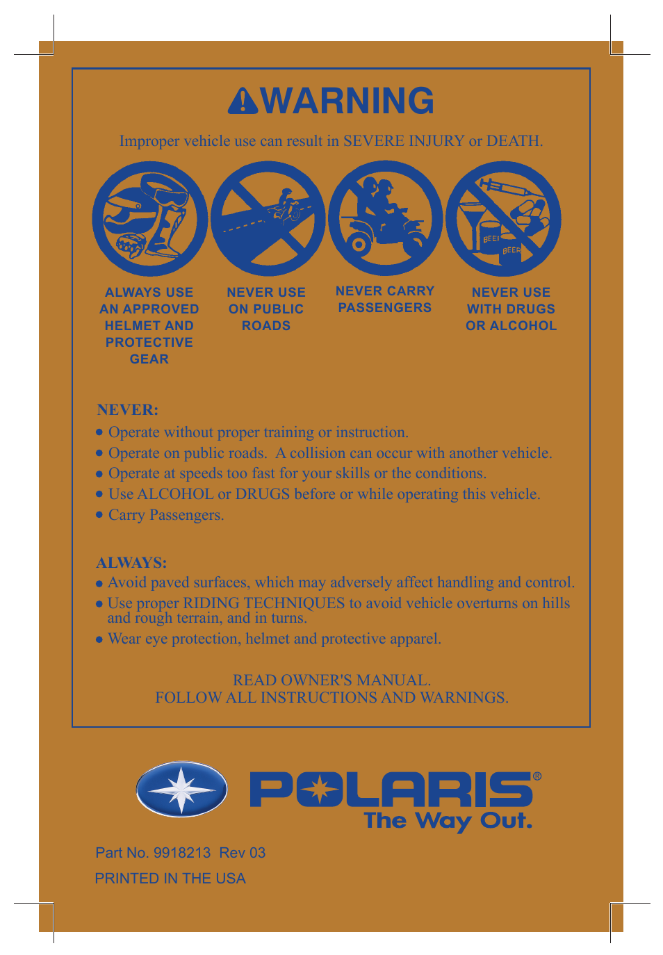 Warning | Polaris Sportsman 600 User Manual | Page 129 / 129