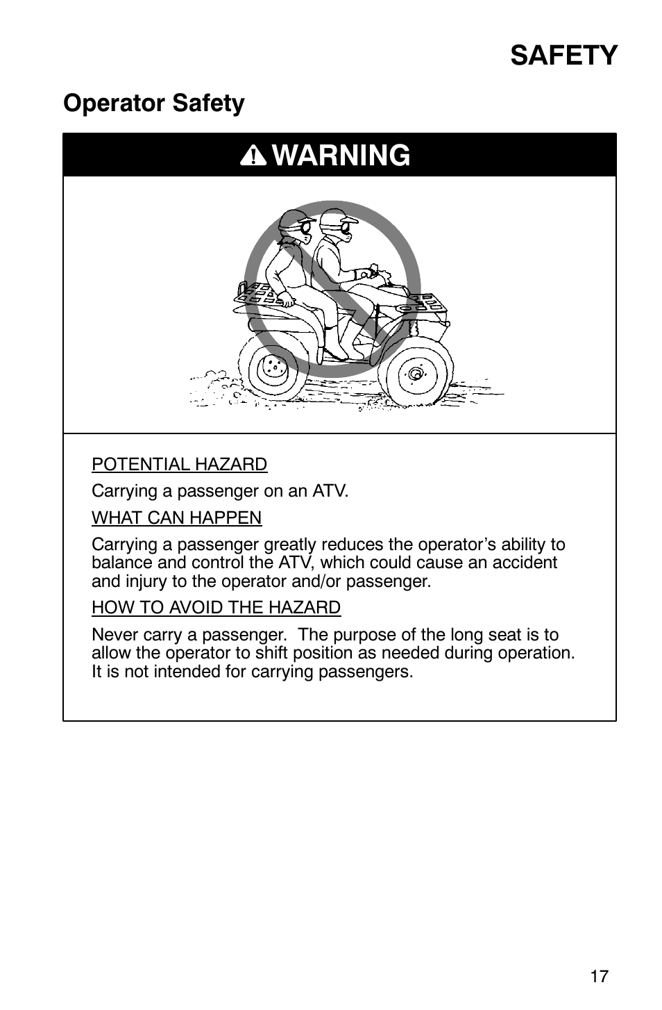 Warning, Safety, Operator safety | Polaris Sportsman 600 User Manual | Page 19 / 129