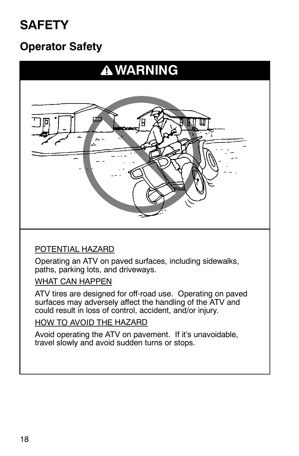 Warning, Safety, Operator safety | Polaris Sportsman 600 User Manual | Page 20 / 129