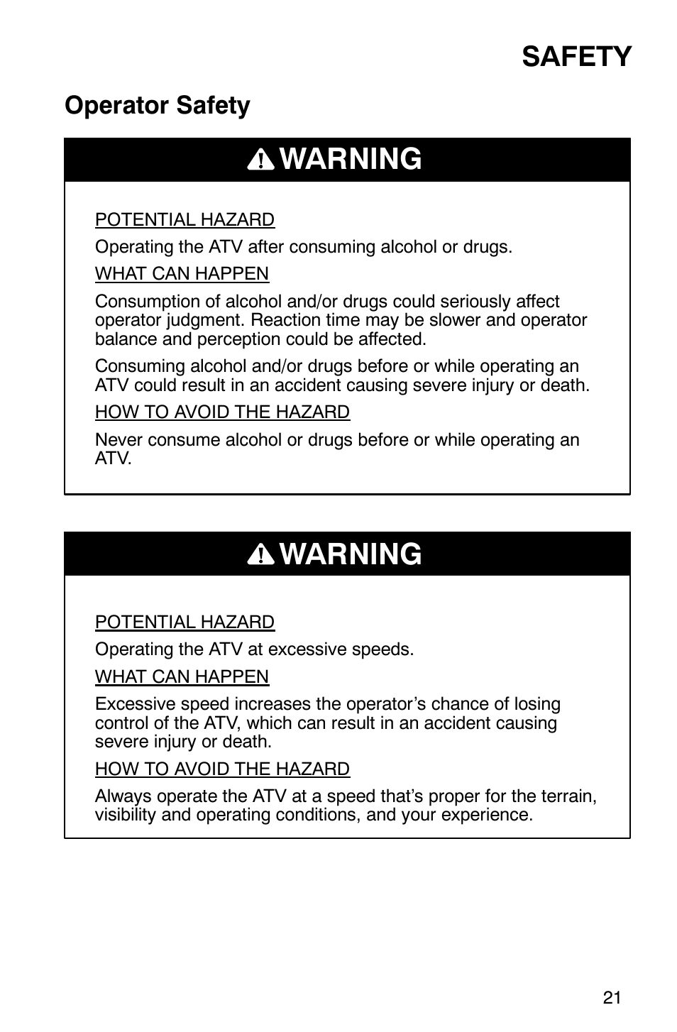 Warning, Safety, Operator safety | Polaris Sportsman 600 User Manual | Page 23 / 129