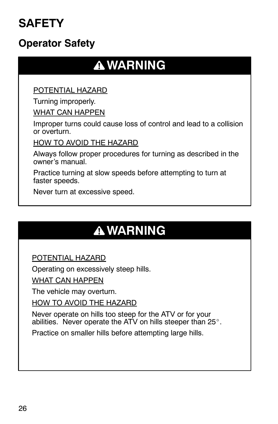 Warning, Safety, Operator safety | Polaris Sportsman 600 User Manual | Page 28 / 129