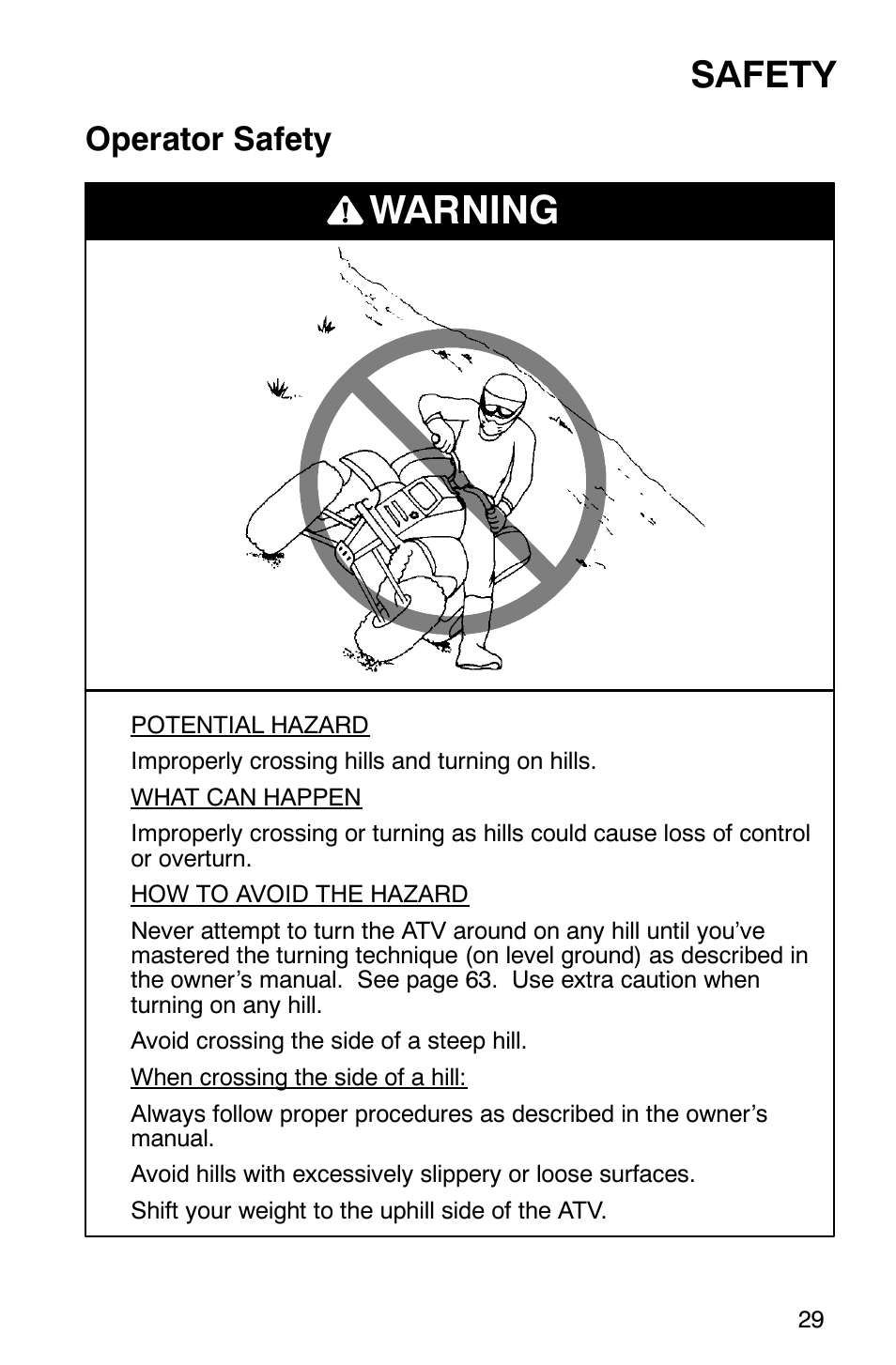 Warning, Safety, Operator safety | Polaris Sportsman 600 User Manual | Page 31 / 129