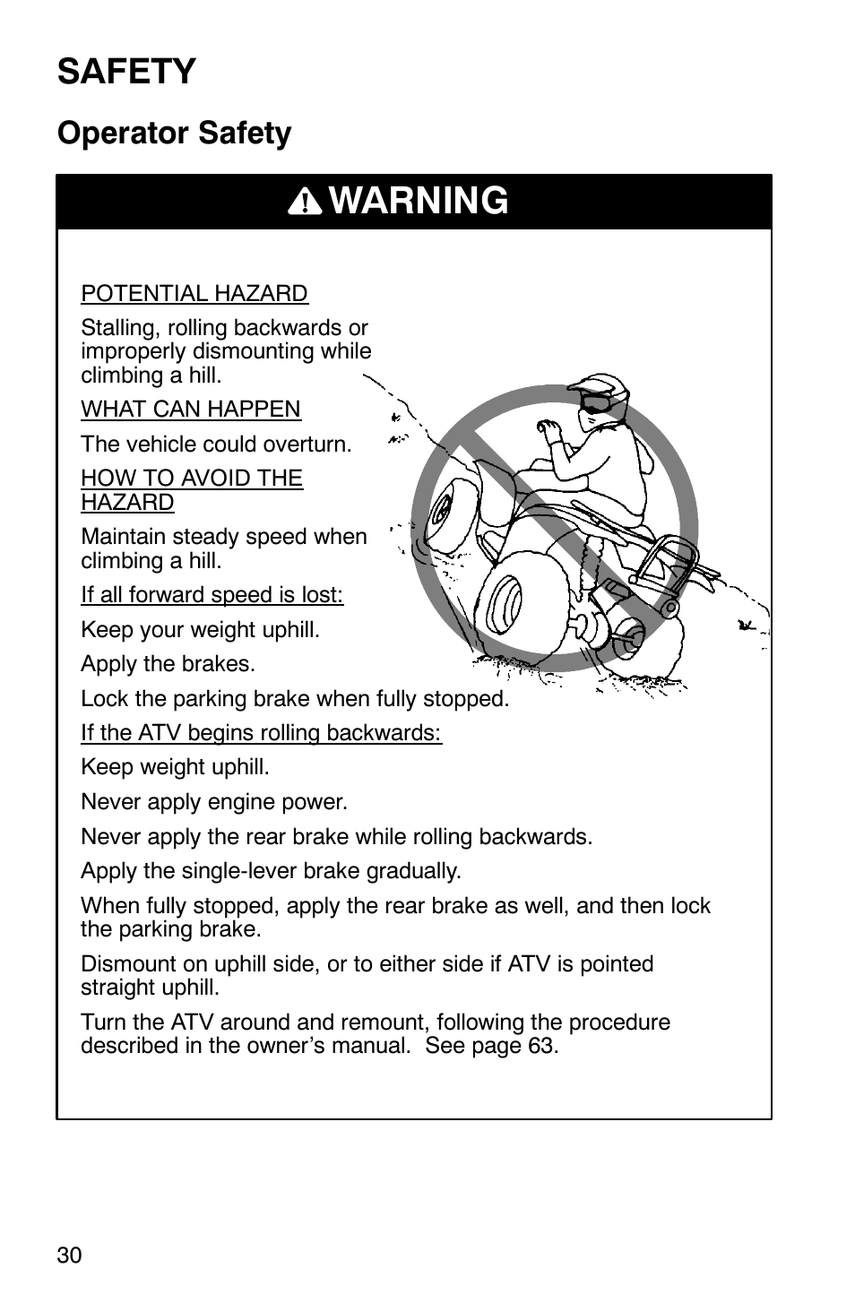 Warning, Safety, Operator safety | Polaris Sportsman 600 User Manual | Page 32 / 129