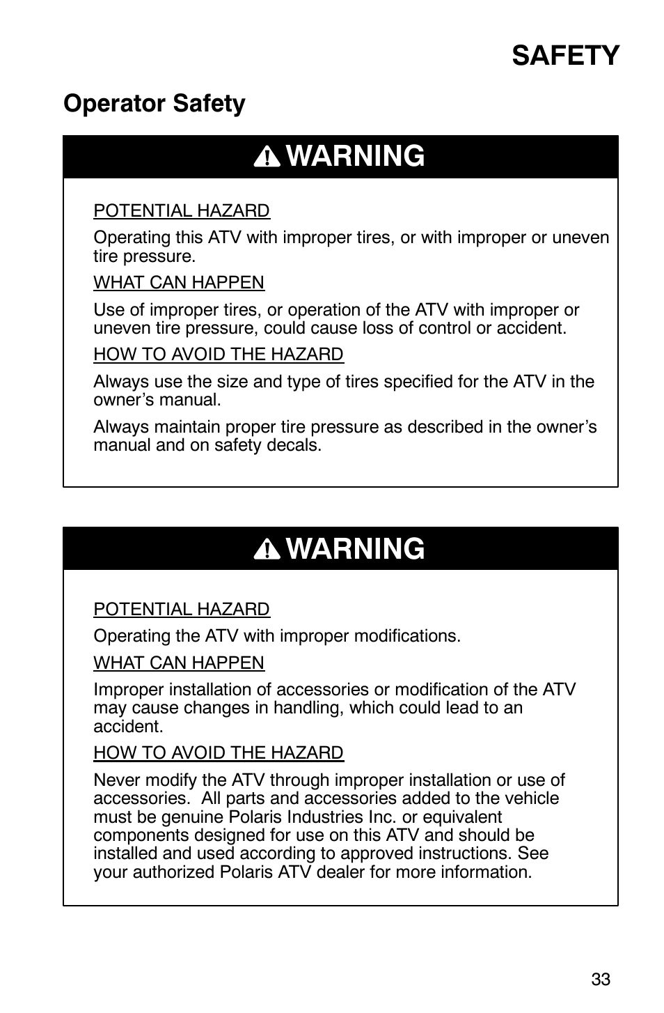 Warning, Safety, Operator safety | Polaris Sportsman 600 User Manual | Page 35 / 129