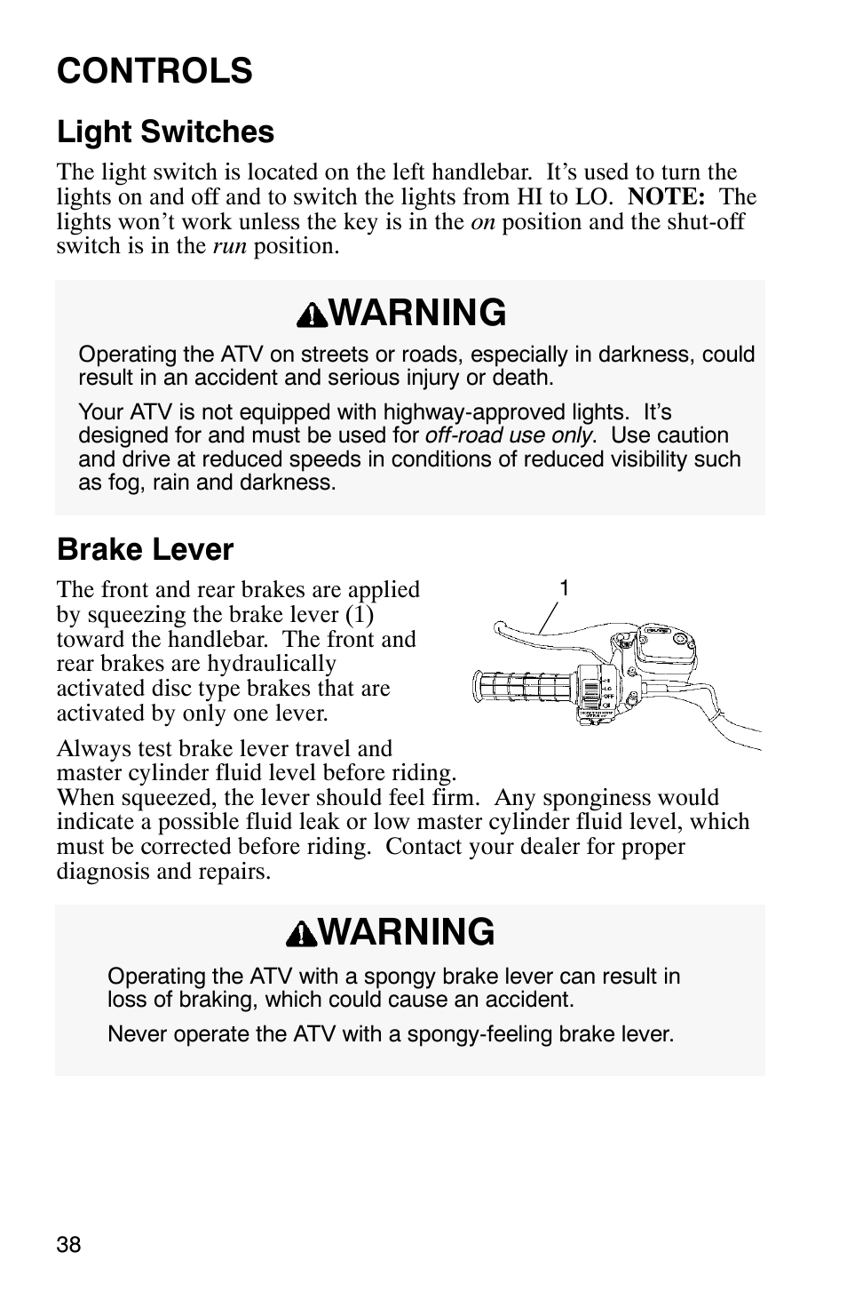 Warning, Controls, Light switches | Brake lever | Polaris Sportsman 600 User Manual | Page 40 / 129