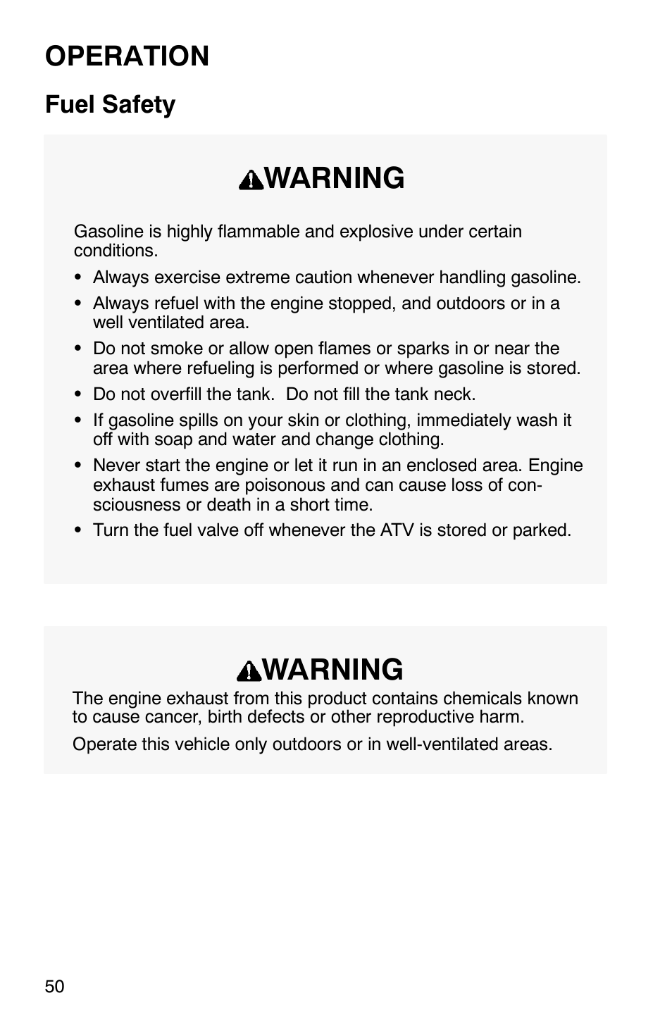 Warning, Operation, Fuel safety | Polaris Sportsman 600 User Manual | Page 52 / 129