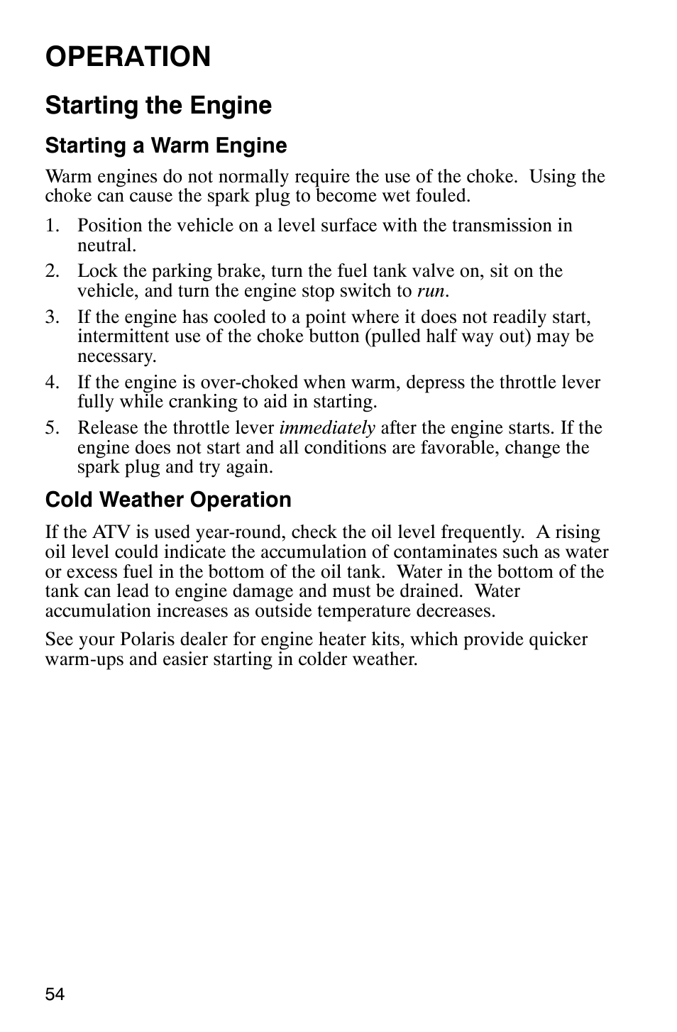 Operation, Starting the engine | Polaris Sportsman 600 User Manual | Page 56 / 129