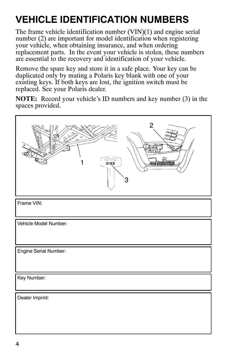 Vehicle identification numbers | Polaris Sportsman 600 User Manual | Page 6 / 129