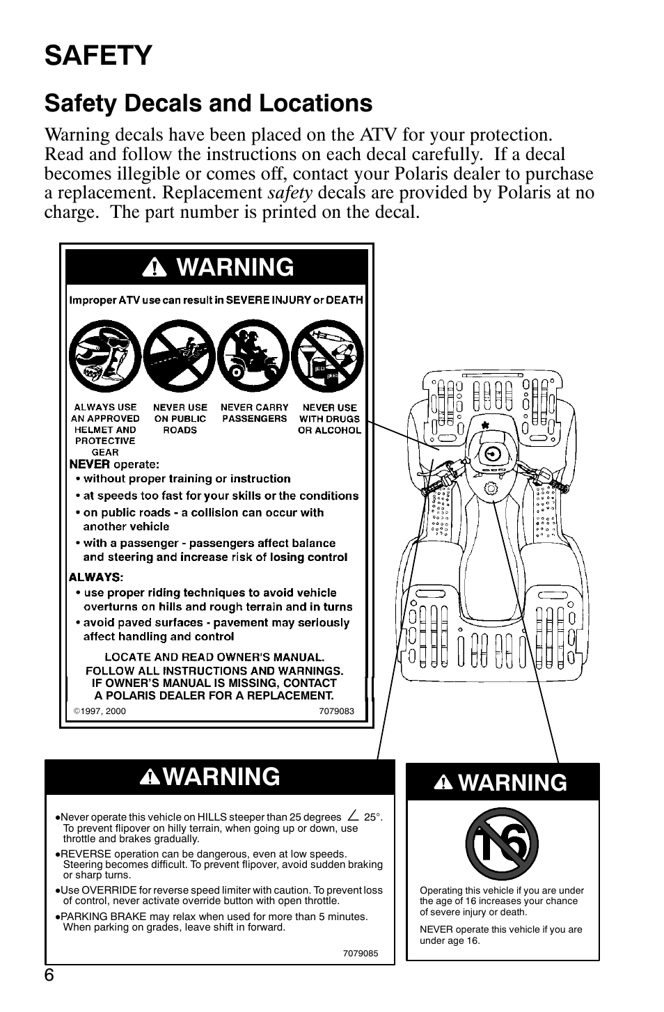 Safety, Safety decals and locations, Warning | Polaris Sportsman 600 User Manual | Page 8 / 129