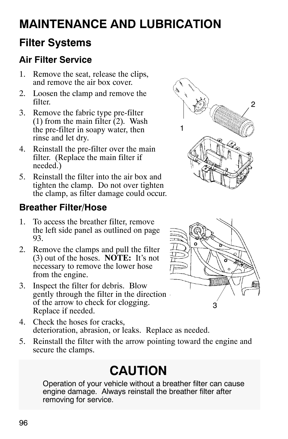 Caution, Maintenance and lubrication, Filter systems | Polaris Sportsman 600 User Manual | Page 98 / 129