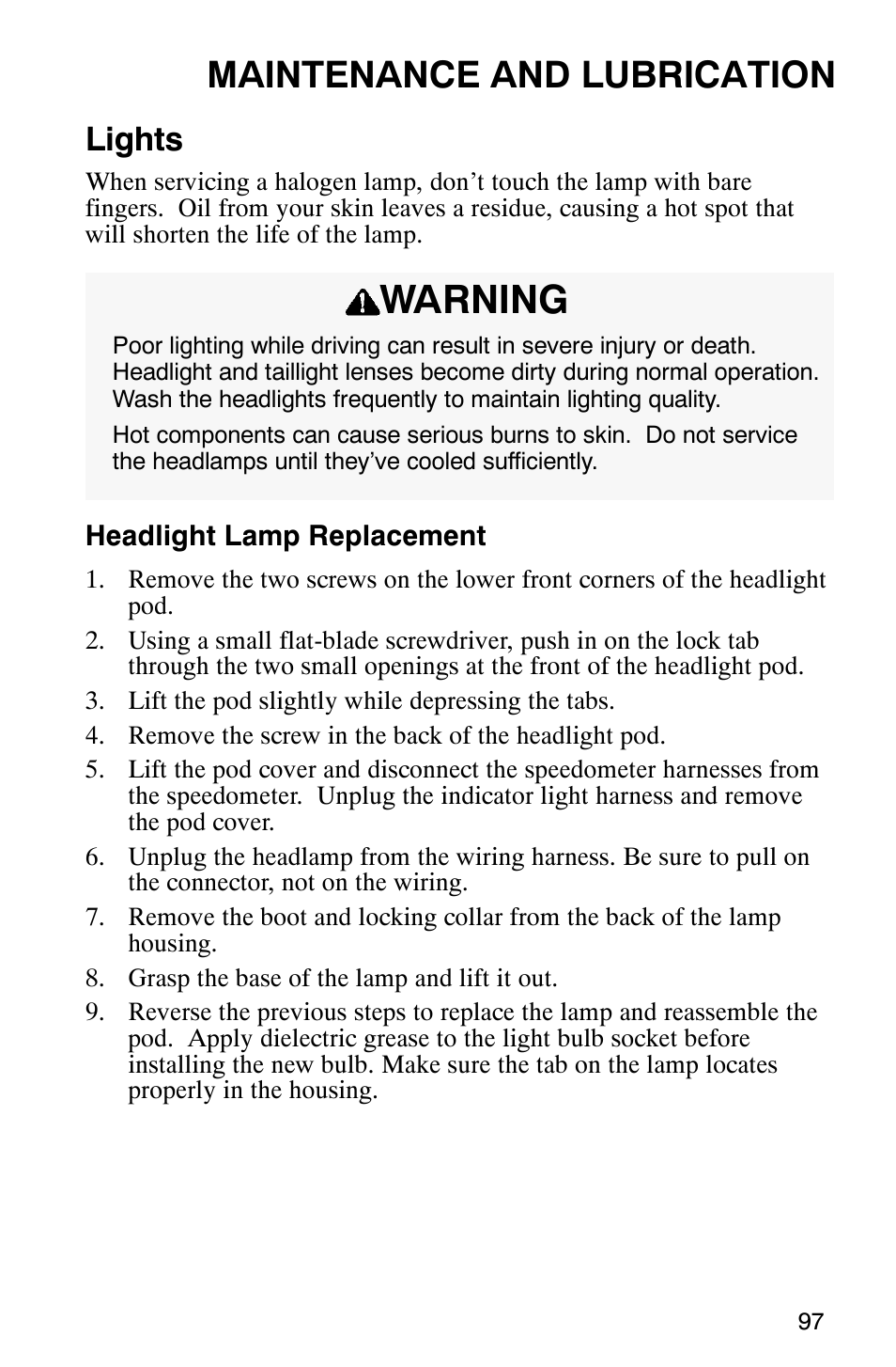 Warning, Maintenance and lubrication, Lights | Polaris Sportsman 600 User Manual | Page 99 / 129