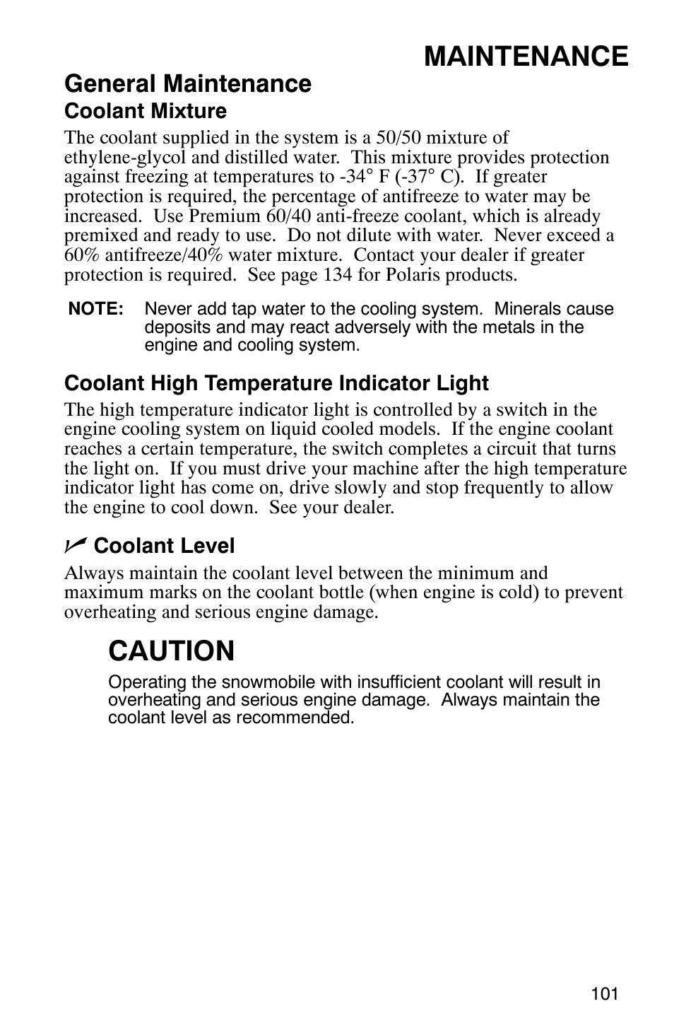Maintenance, Caution, General maintenance | Polaris 600 EDGE Touring 121 User Manual | Page 104 / 153