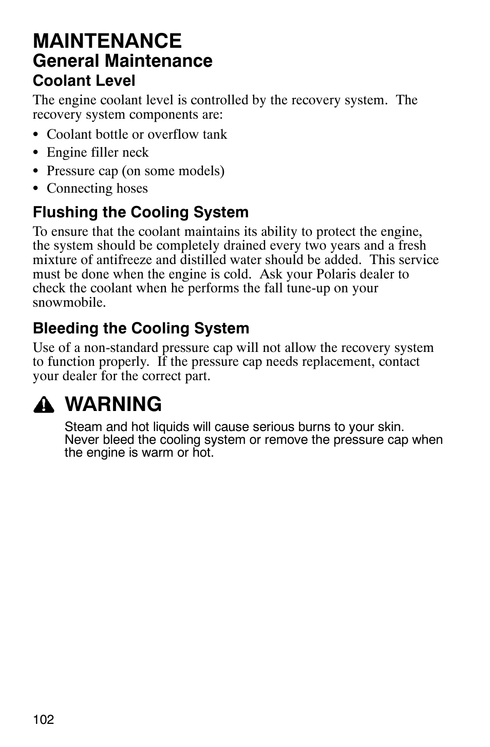 Maintenance, Warning, General maintenance | Polaris 600 EDGE Touring 121 User Manual | Page 105 / 153