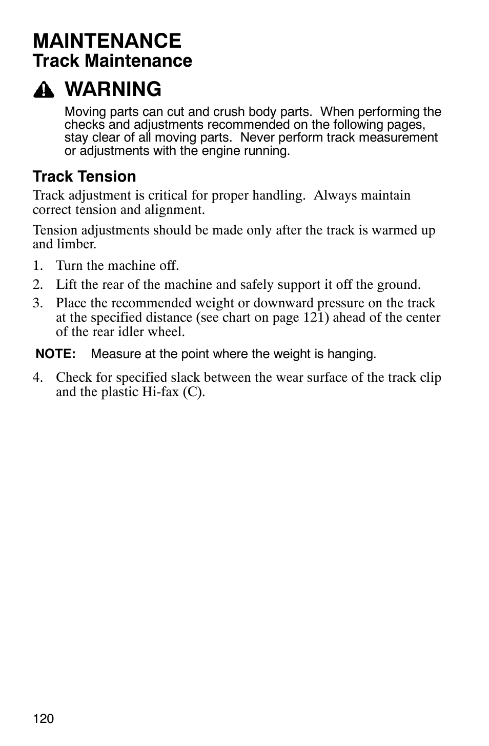 Maintenance, Warning, Track maintenance | Polaris 600 EDGE Touring 121 User Manual | Page 123 / 153