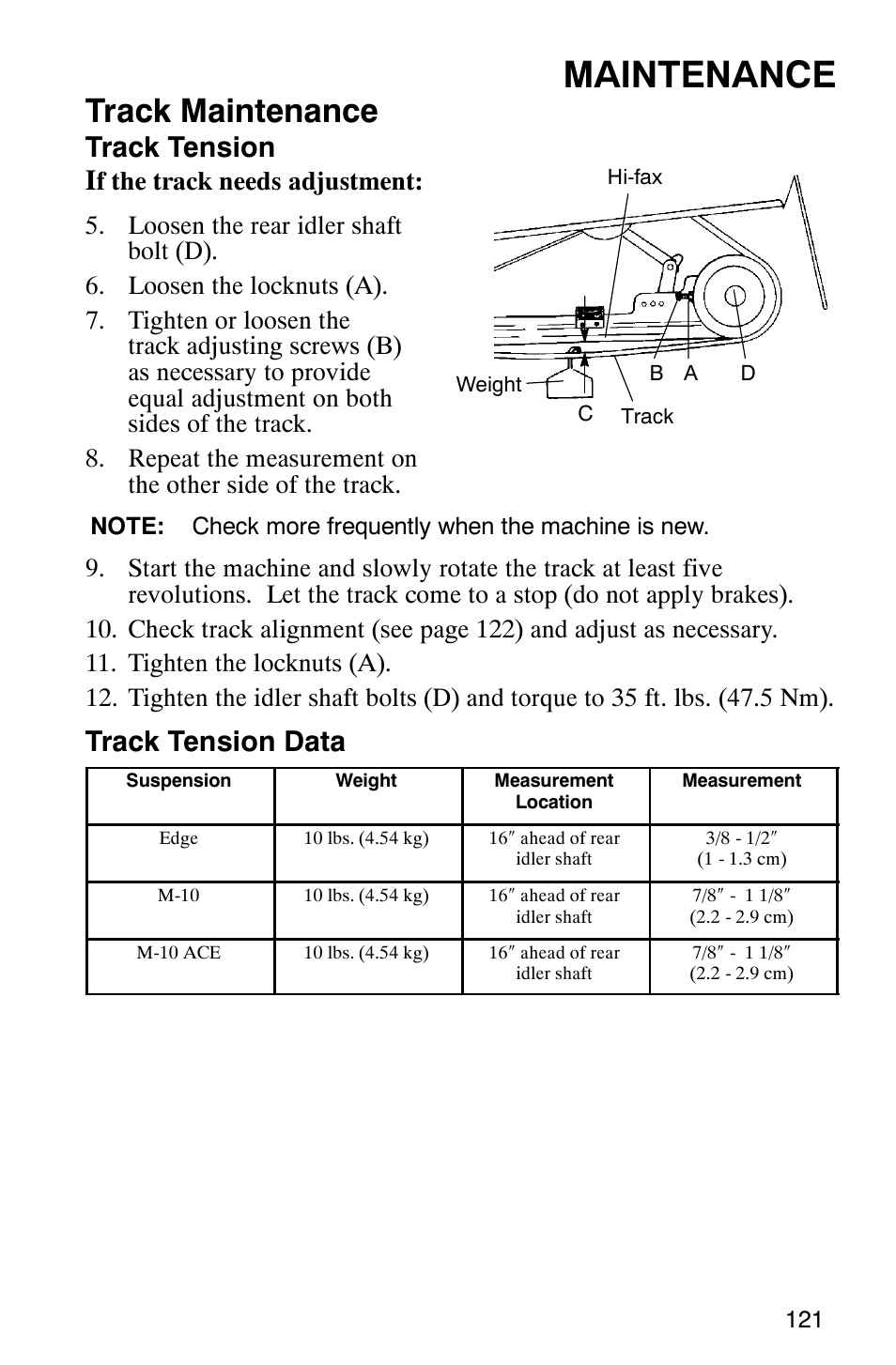 Maintenance, Track maintenance, Track tension i | Track tension data | Polaris 600 EDGE Touring 121 User Manual | Page 124 / 153