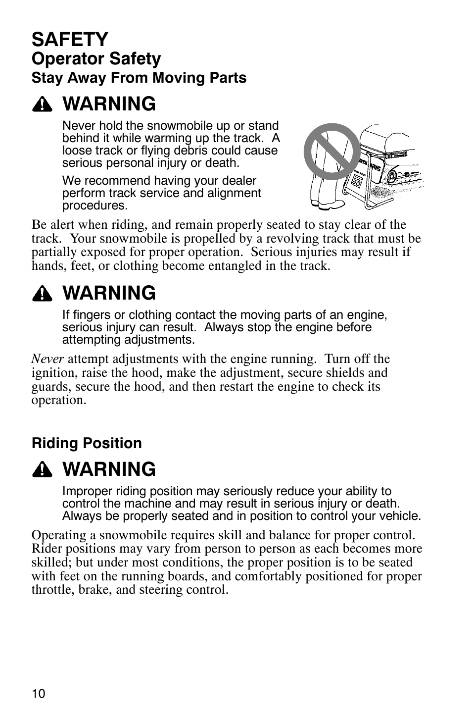 Safety, Warning, Operator safety | Polaris 600 EDGE Touring 121 User Manual | Page 13 / 153