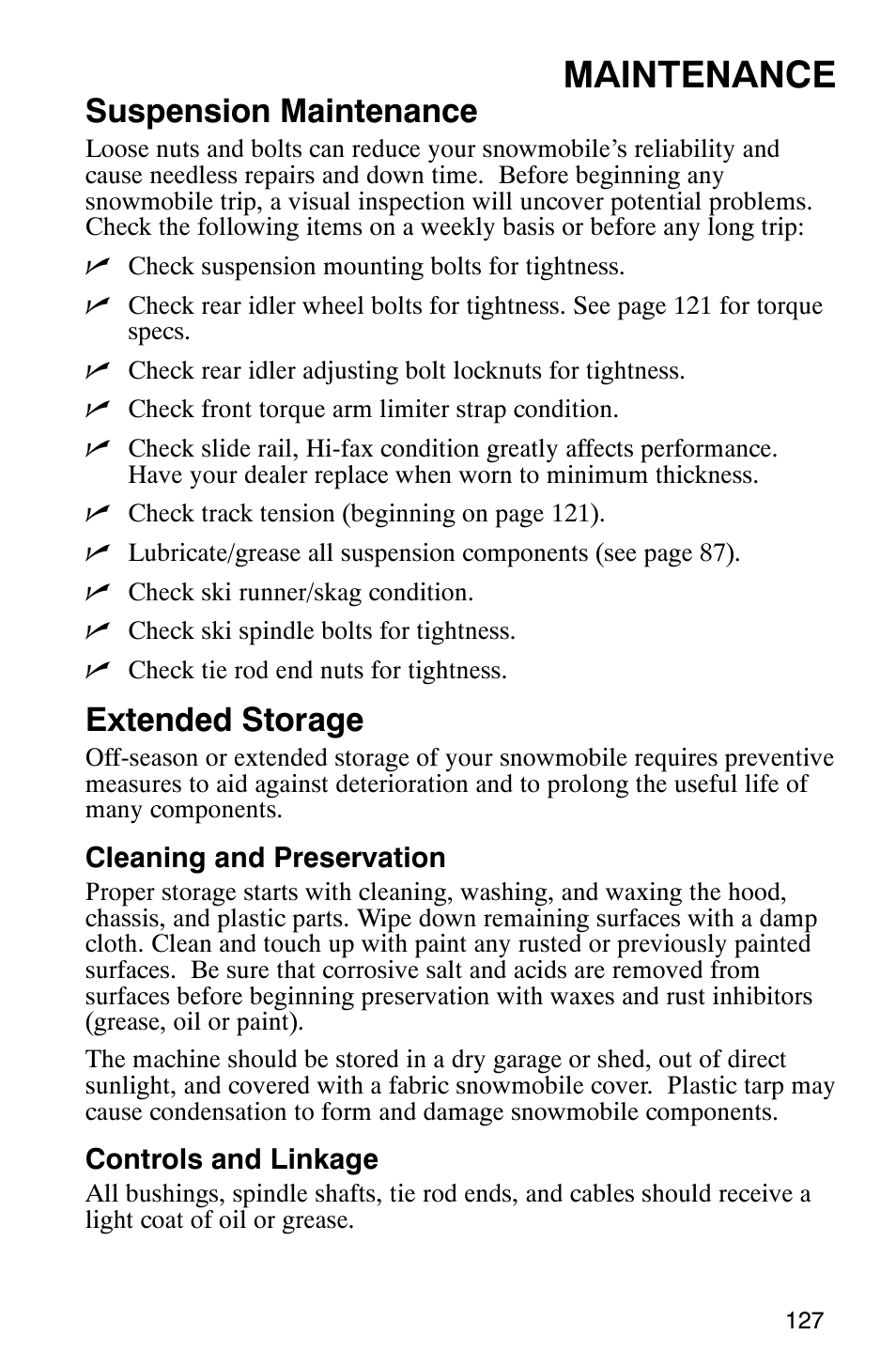 Maintenance, Suspension maintenance, Extended storage | Polaris 600 EDGE Touring 121 User Manual | Page 130 / 153