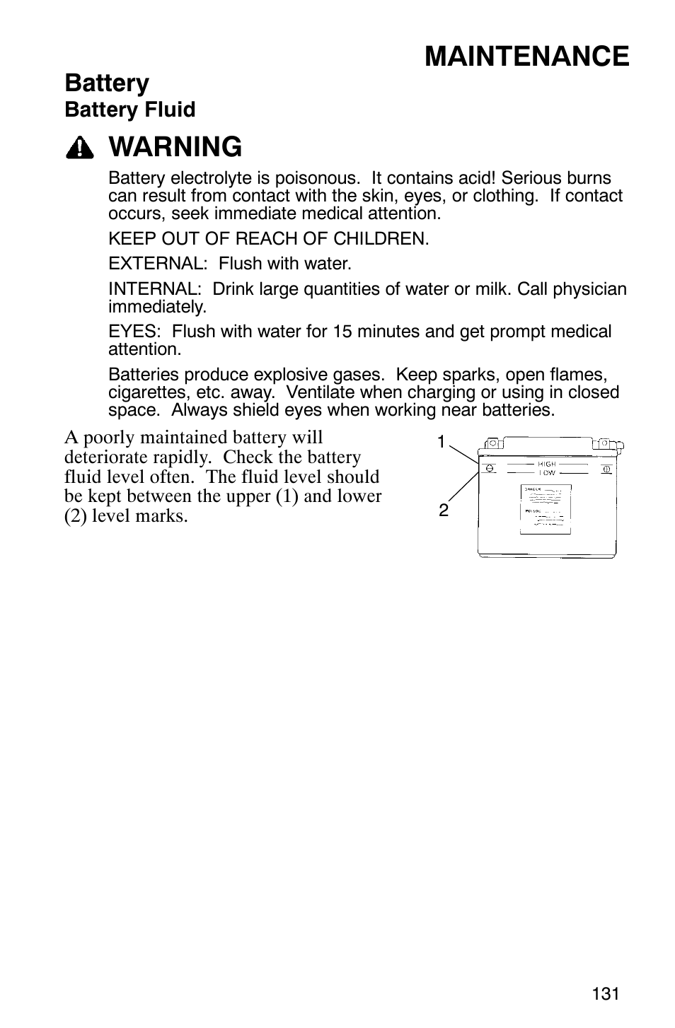 Maintenance, Warning, Battery | Polaris 600 EDGE Touring 121 User Manual | Page 134 / 153