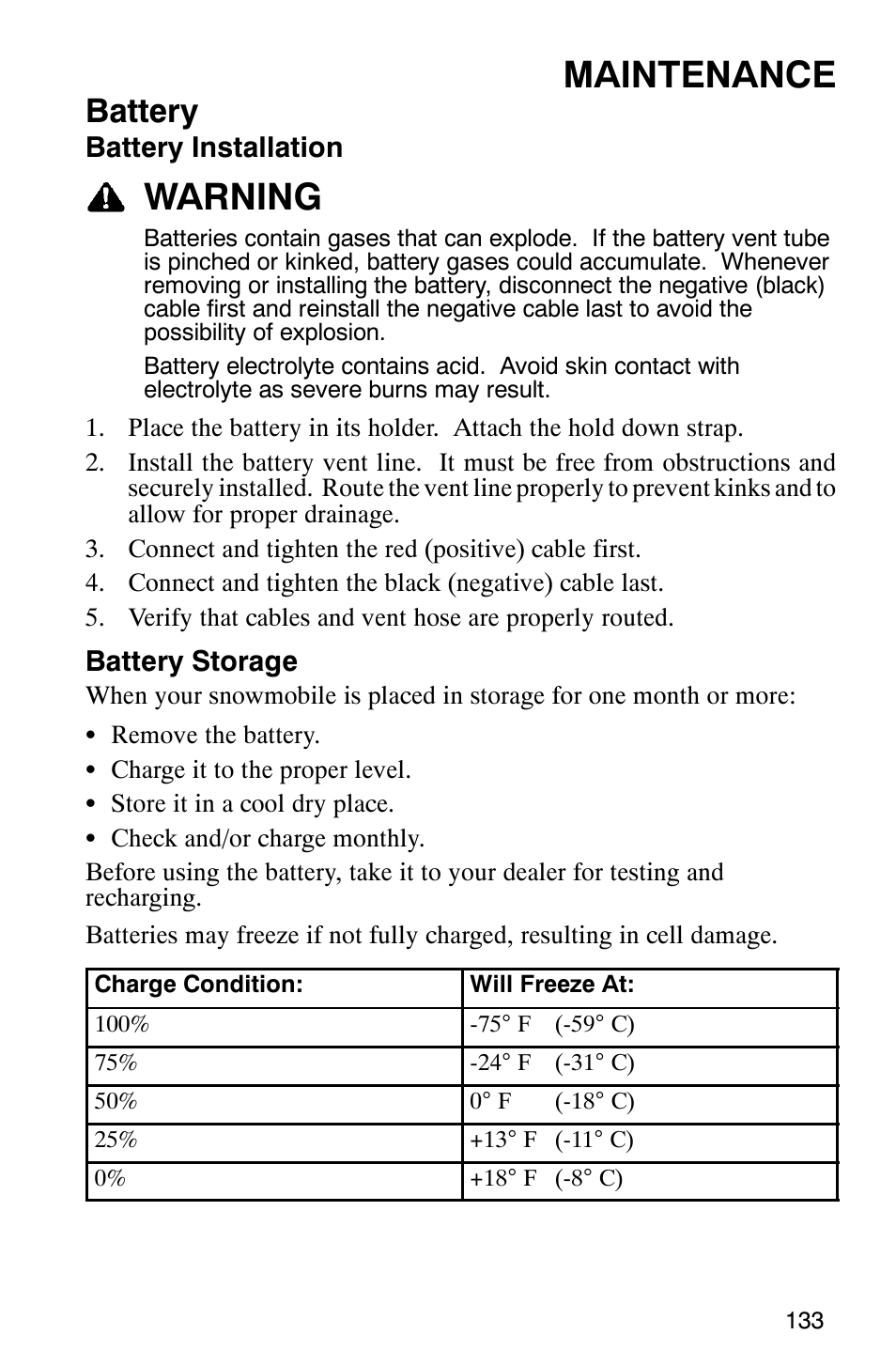 Maintenance, Warning, Battery | Polaris 600 EDGE Touring 121 User Manual | Page 136 / 153