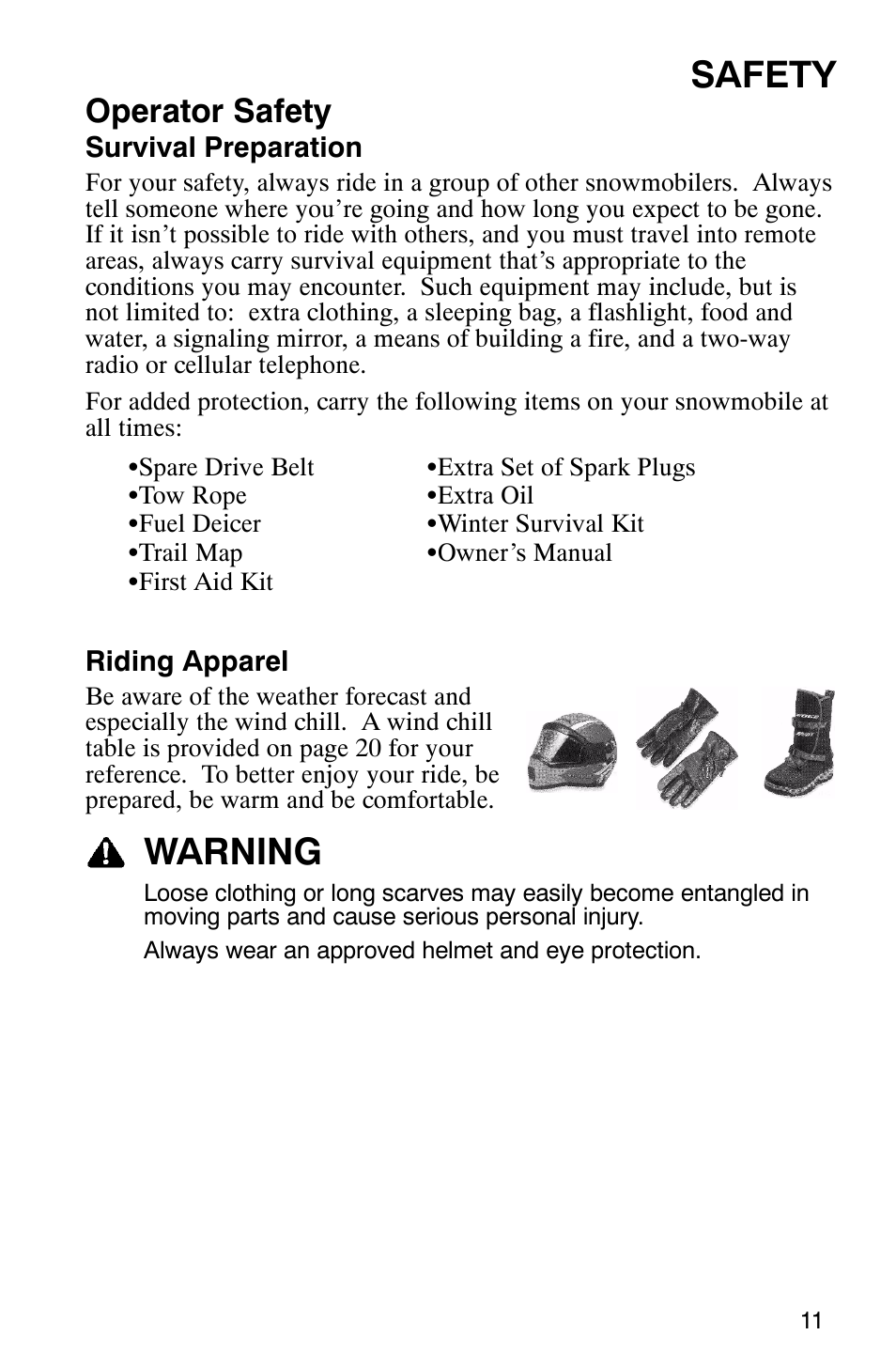 Safety, Warning, Operator safety | Polaris 600 EDGE Touring 121 User Manual | Page 14 / 153