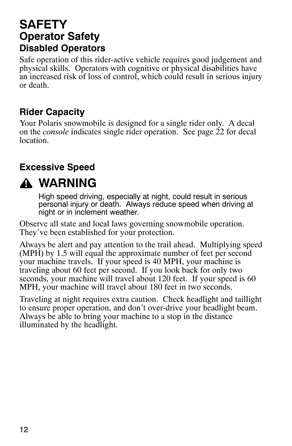 Safety, Warning, Operator safety | Polaris 600 EDGE Touring 121 User Manual | Page 15 / 153