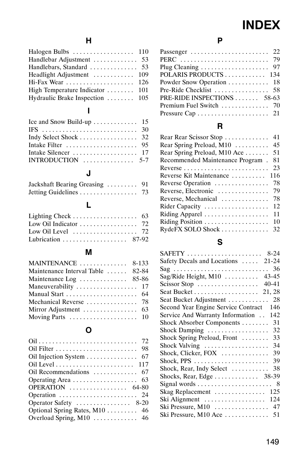 Index | Polaris 600 EDGE Touring 121 User Manual | Page 152 / 153