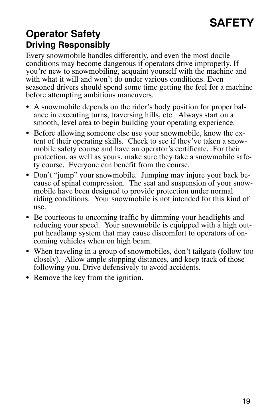 Safety, Operator safety | Polaris 600 EDGE Touring 121 User Manual | Page 22 / 153