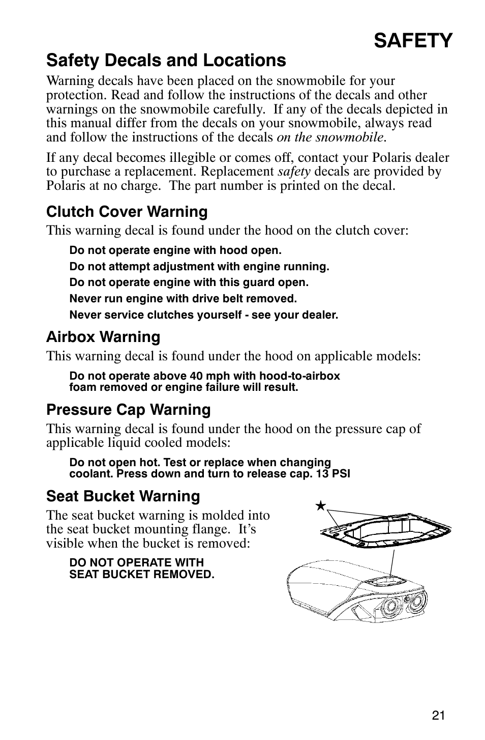 Safety, Safety decals and locations | Polaris 600 EDGE Touring 121 User Manual | Page 24 / 153