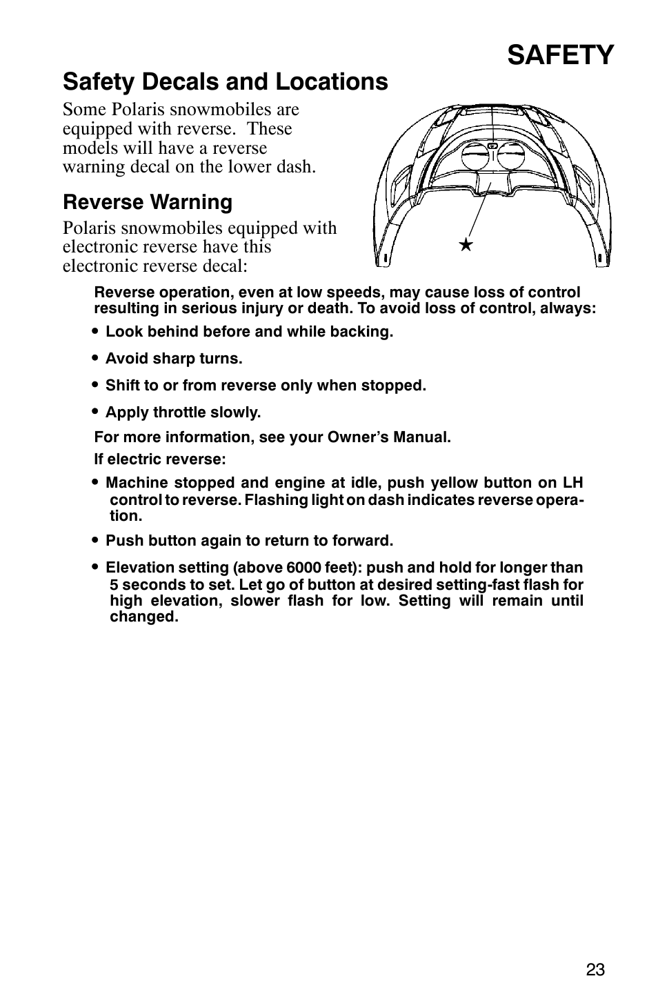 Safety, Safety decals and locations, Reverse warning | Polaris 600 EDGE Touring 121 User Manual | Page 26 / 153