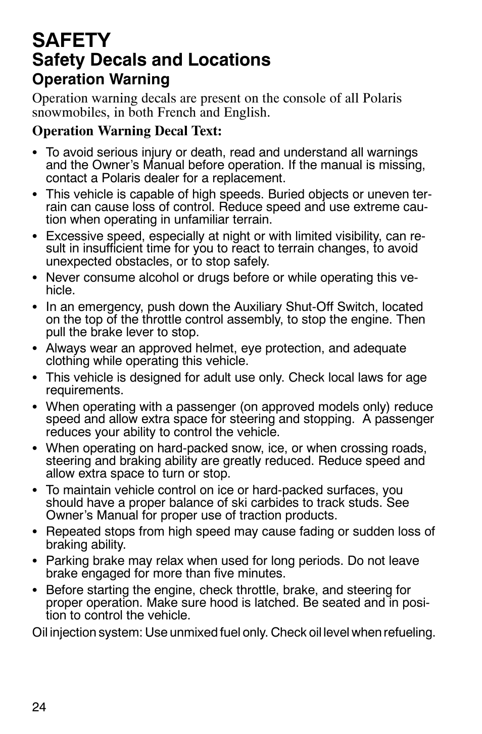 Safety, Safety decals and locations, Operation warning | Polaris 600 EDGE Touring 121 User Manual | Page 27 / 153
