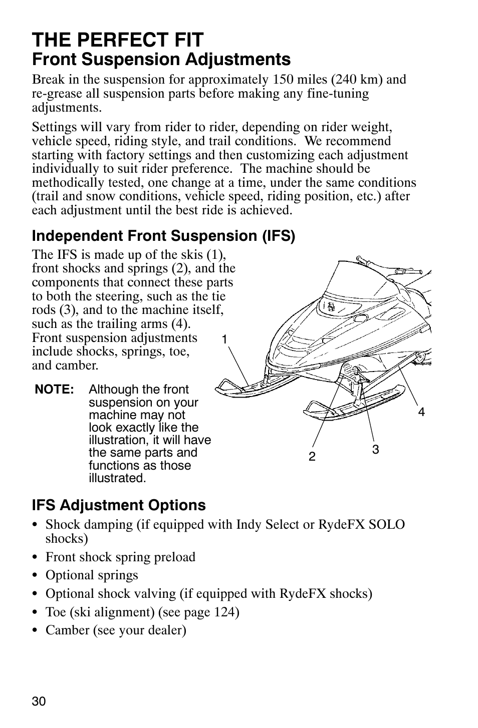 The perfect fit, Front suspension adjustments | Polaris 600 EDGE Touring 121 User Manual | Page 33 / 153