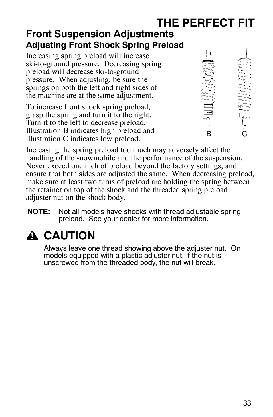 The perfect fit, Caution, Front suspension adjustments | Polaris 600 EDGE Touring 121 User Manual | Page 36 / 153