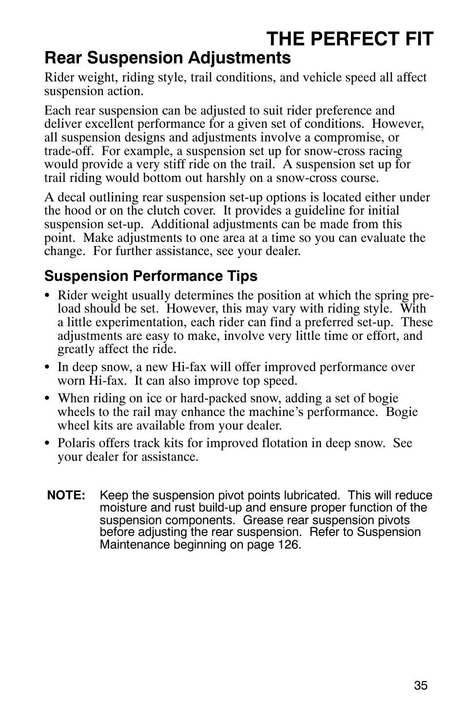 The perfect fit, Rear suspension adjustments | Polaris 600 EDGE Touring 121 User Manual | Page 38 / 153