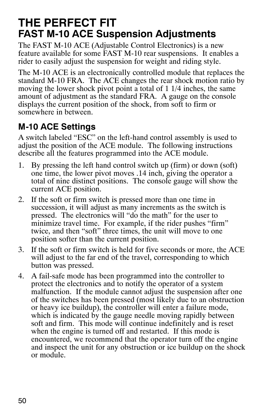 The perfect fit, Fast m-10 ace suspension adjustments | Polaris 600 EDGE Touring 121 User Manual | Page 53 / 153